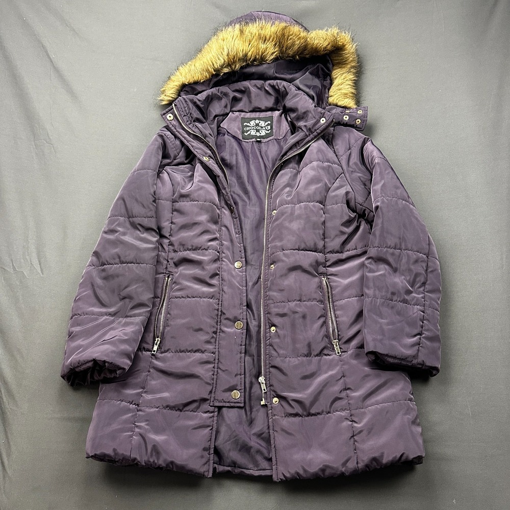 Chocolate USA Puffer Jacket Womens Large Purple Faux Fur Hood HJ8812 Winter Coat